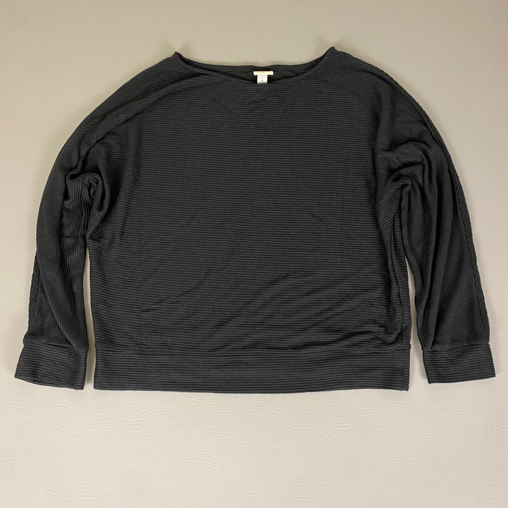 A New Day Blouse Top Women's Size Large Black Ribbed Knit Pullover Long Sleeve